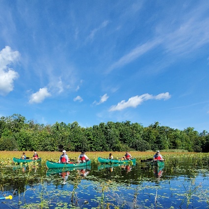 A group of people in kayaks on a river

Description automatically generated