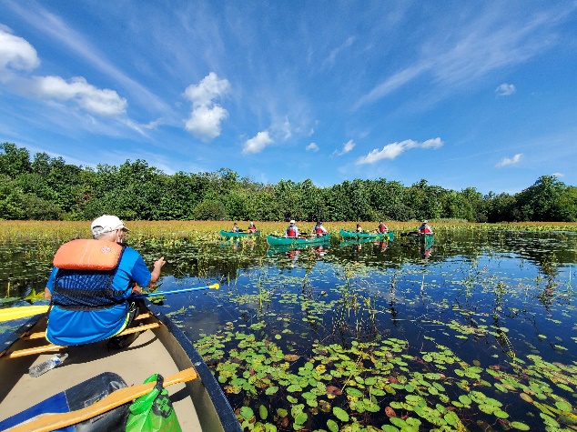 A group of people in canoes on a river

Description automatically generated