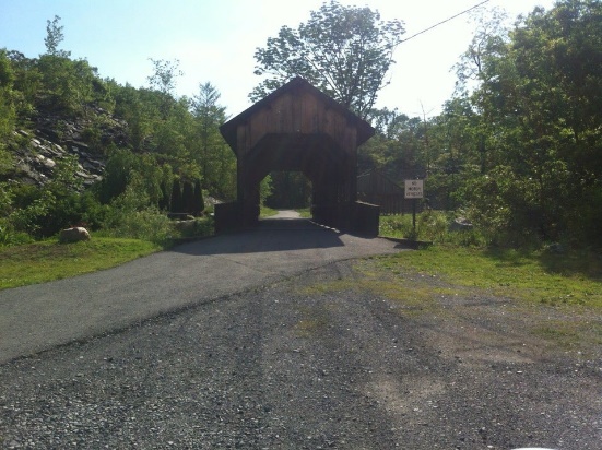 A wooden bridge over a road

Description automatically generated